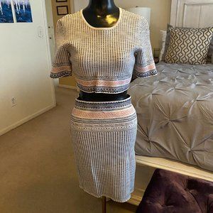 BCBGMAXAZRIA Crop top + Pencil Skirt Textured Jacquard Blue Women's M